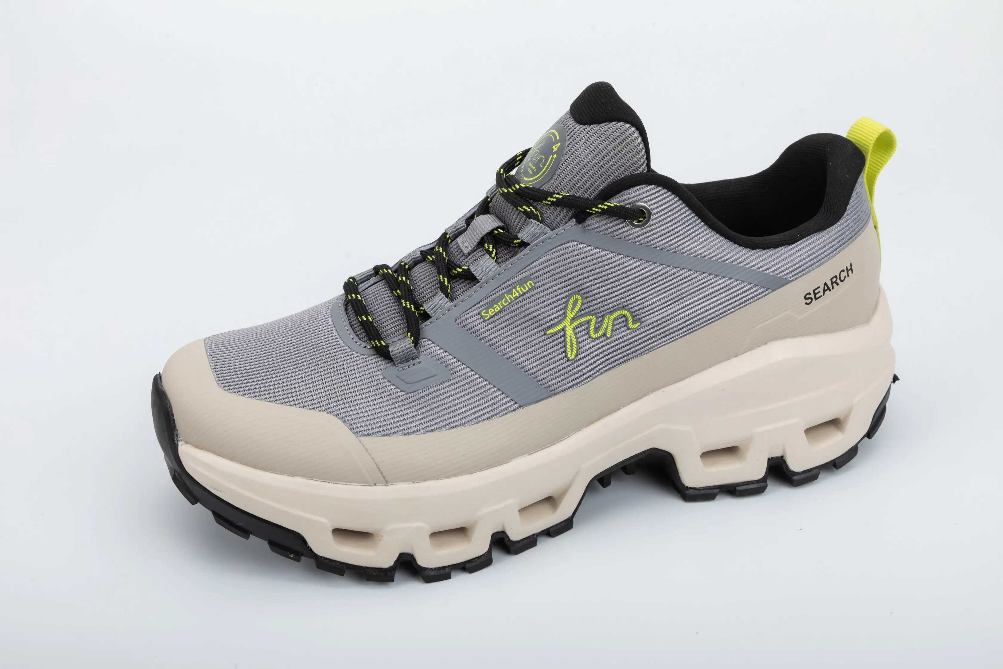 Custom Grey Mesh Outdoor Trail Sneakers with Chunky Cushioned Sole for Unisex Sportswear