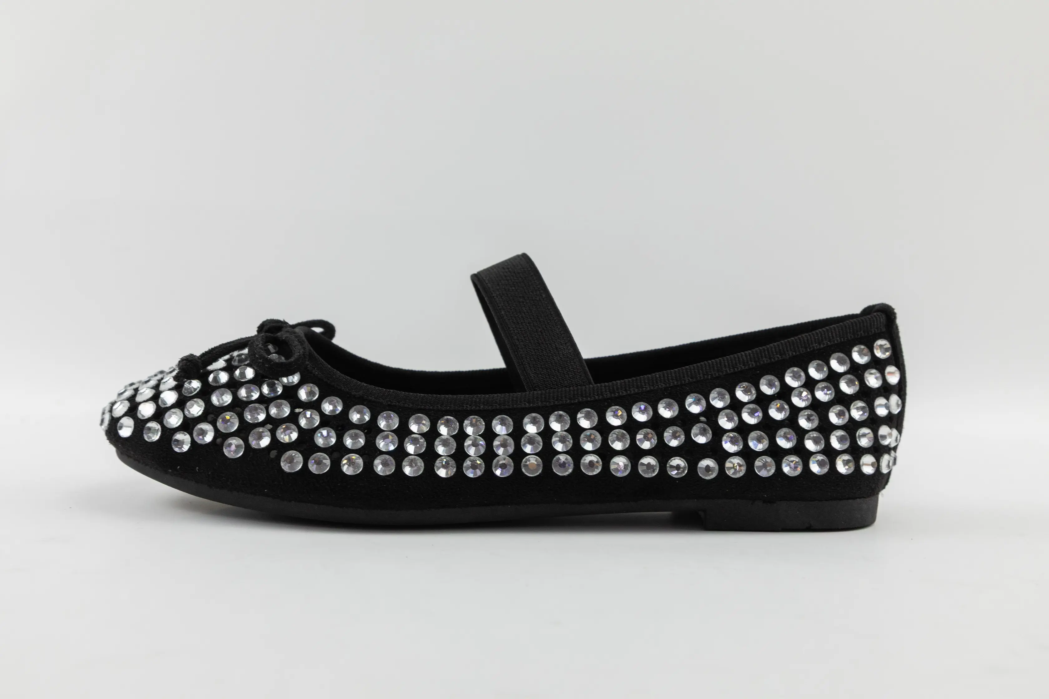 OEM ODM Custom Black Suede Girls Ballerina Shoes with Rhinestone Decoration and Elastic Strap