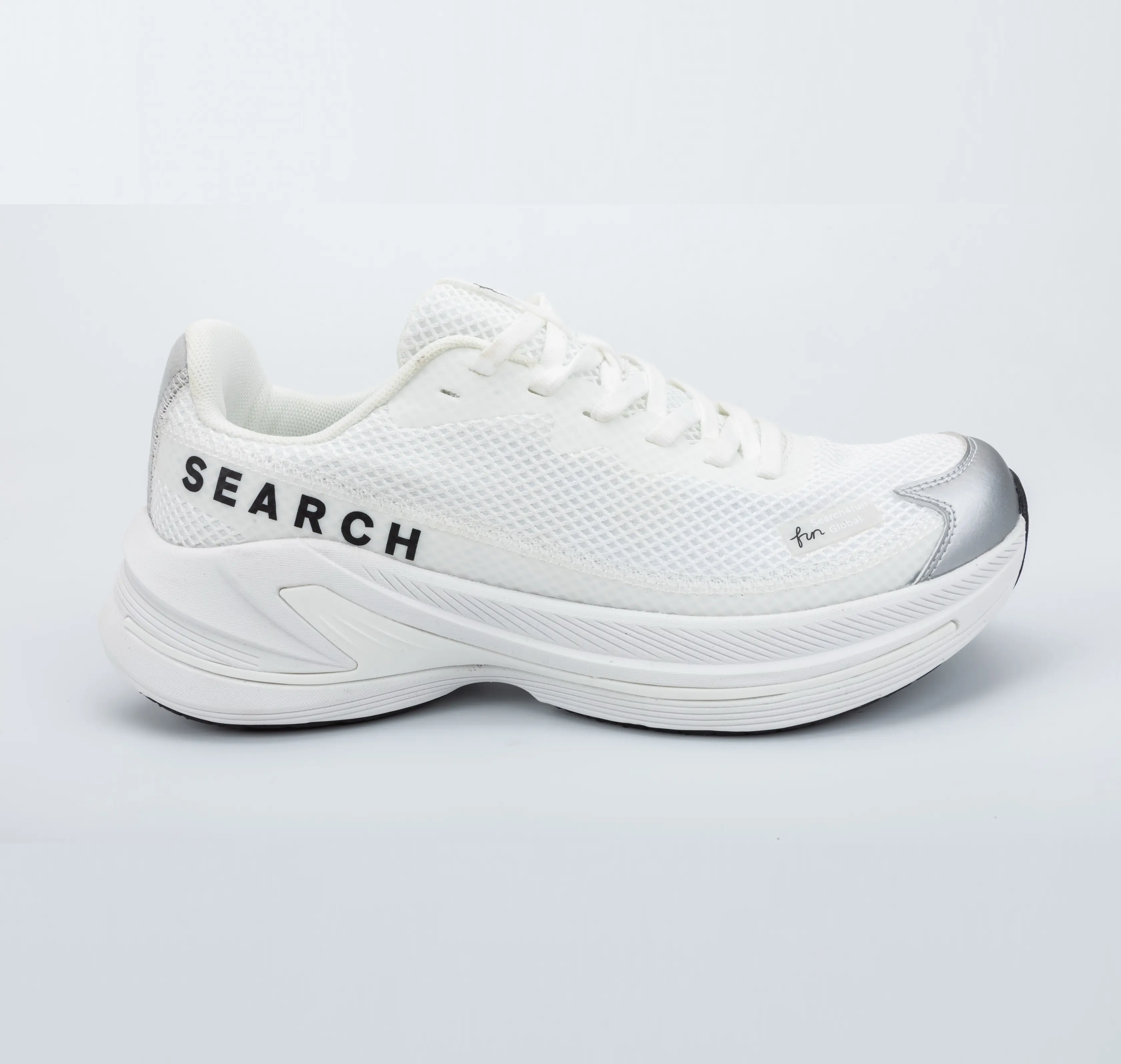 Custom White Athletic Mesh Running Shoes with Enhanced Cushion Sole and Silver Protective Toe