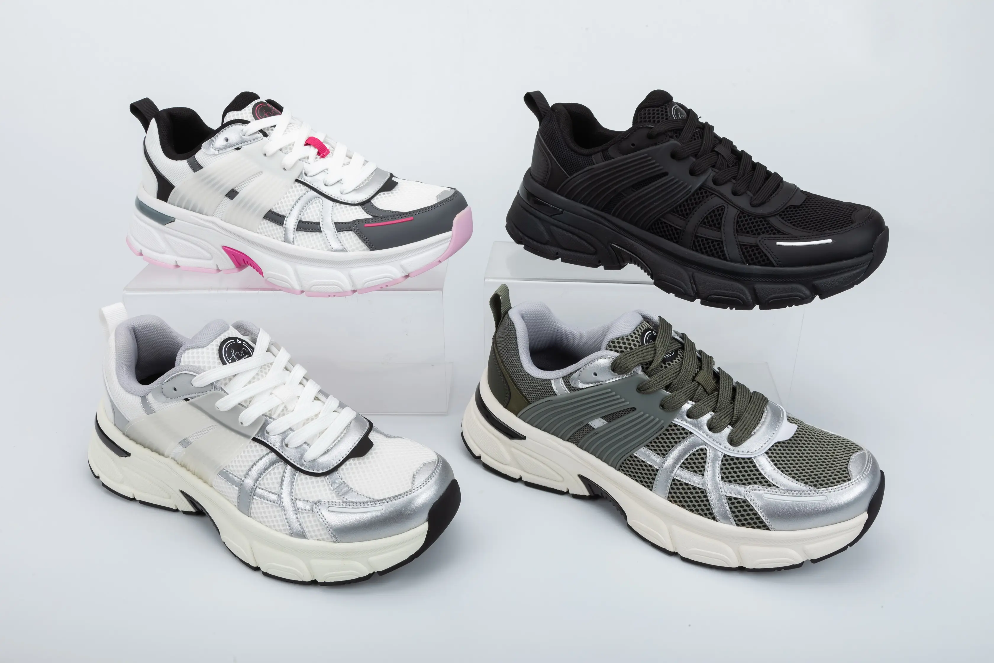 Custom White and Silver Mesh Running Sneakers with Thick Sole Cushion for Unisex Sportswear