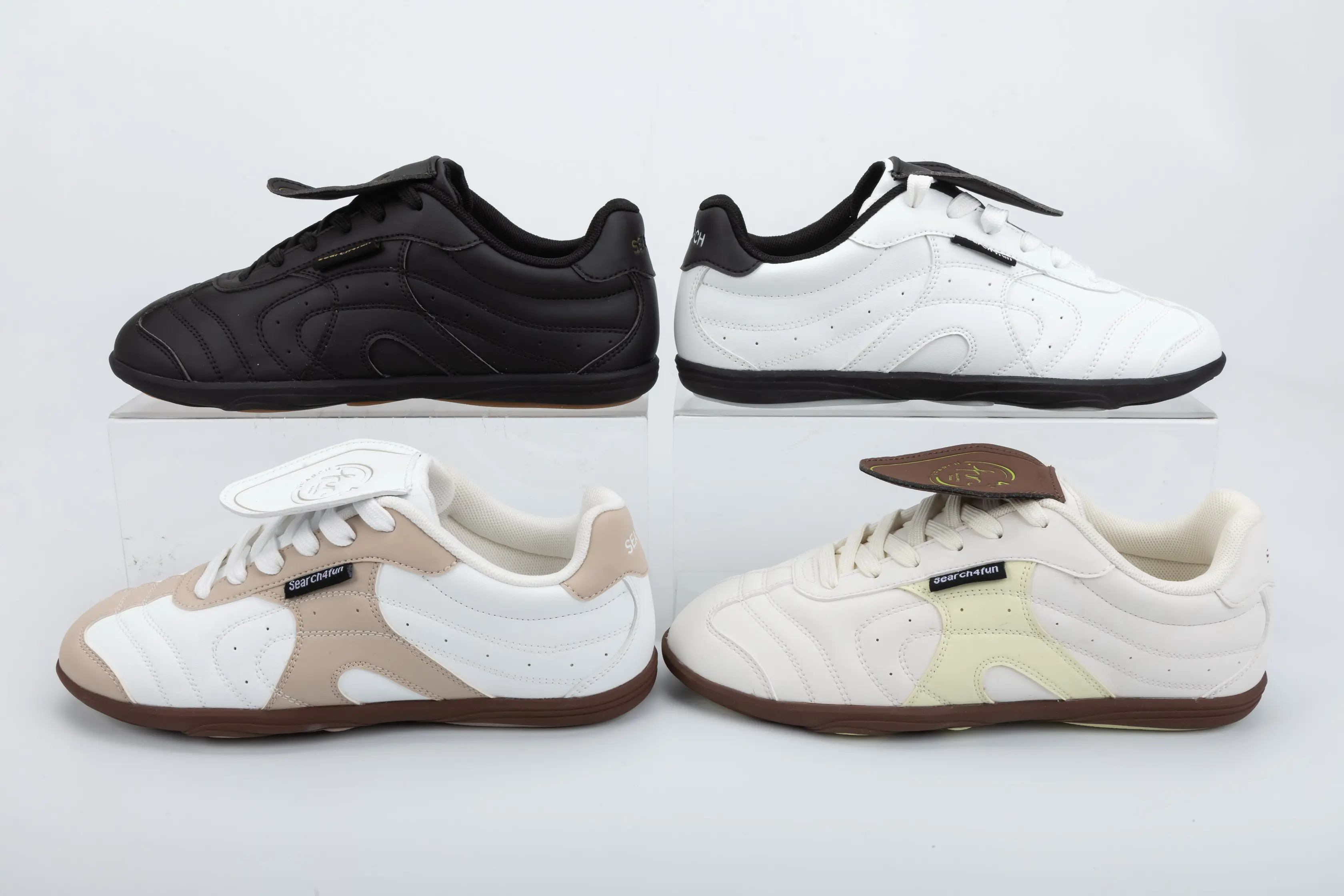 Custom White PU Casual Sneakers with Brown Rubber Sole for Unisex Wholesale