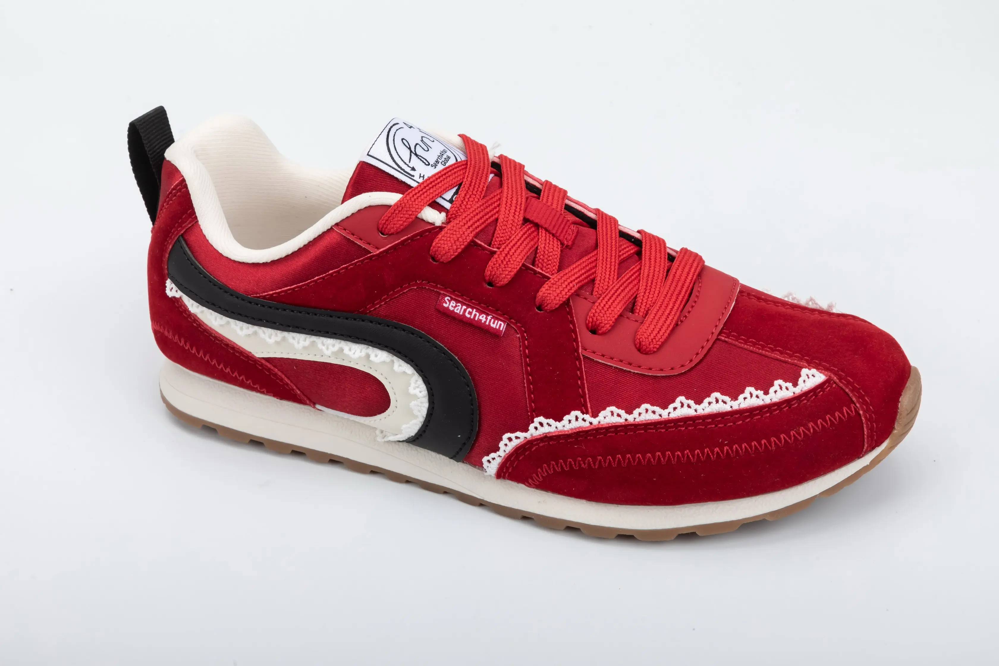 Custom Red Suede & PU Women Casual Walking Sneakers with Lace Detail for Wholesale