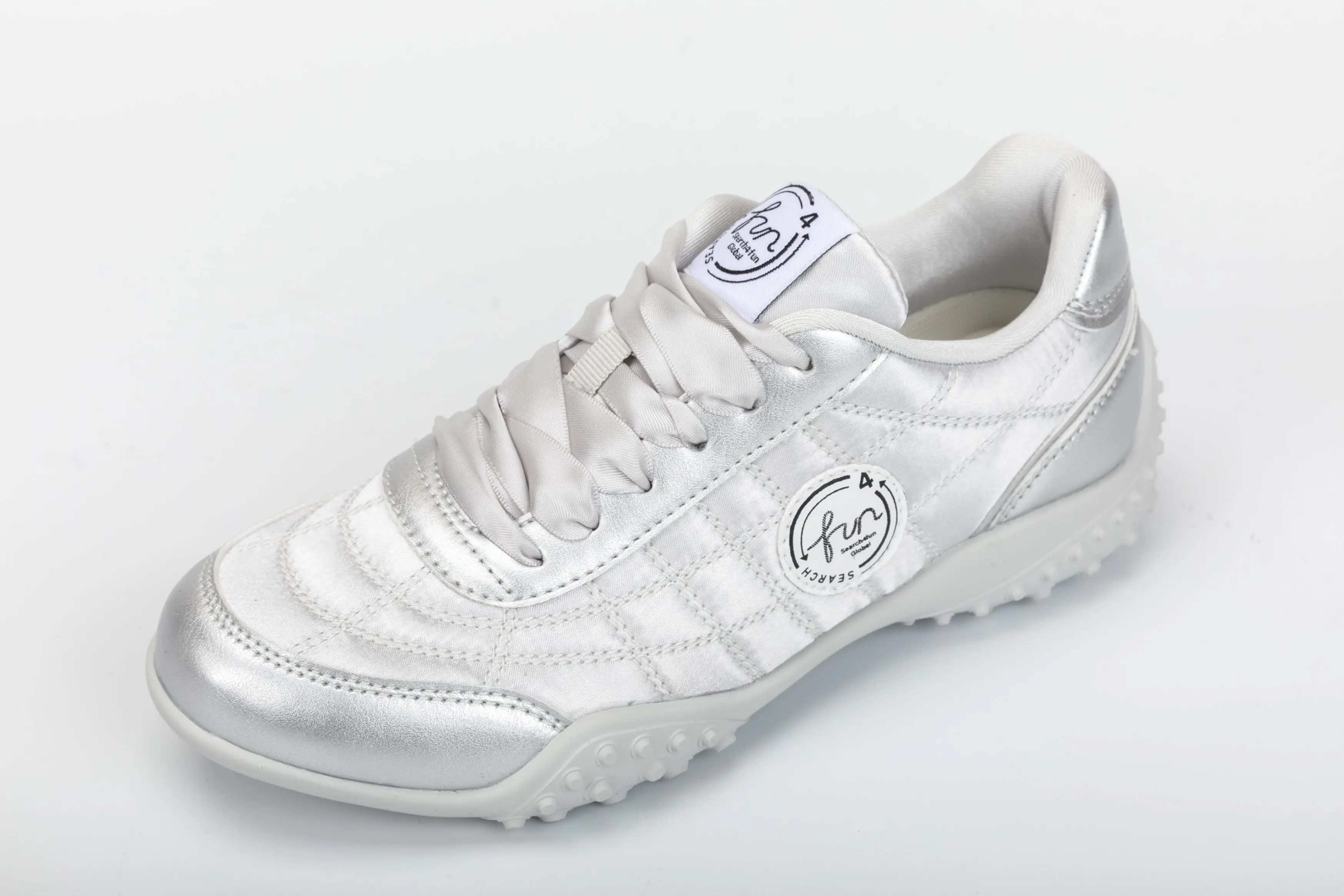 Custom White & Silver PU Casual Walking Sneakers with Textured Rubber Sole for Ladies Wholesale