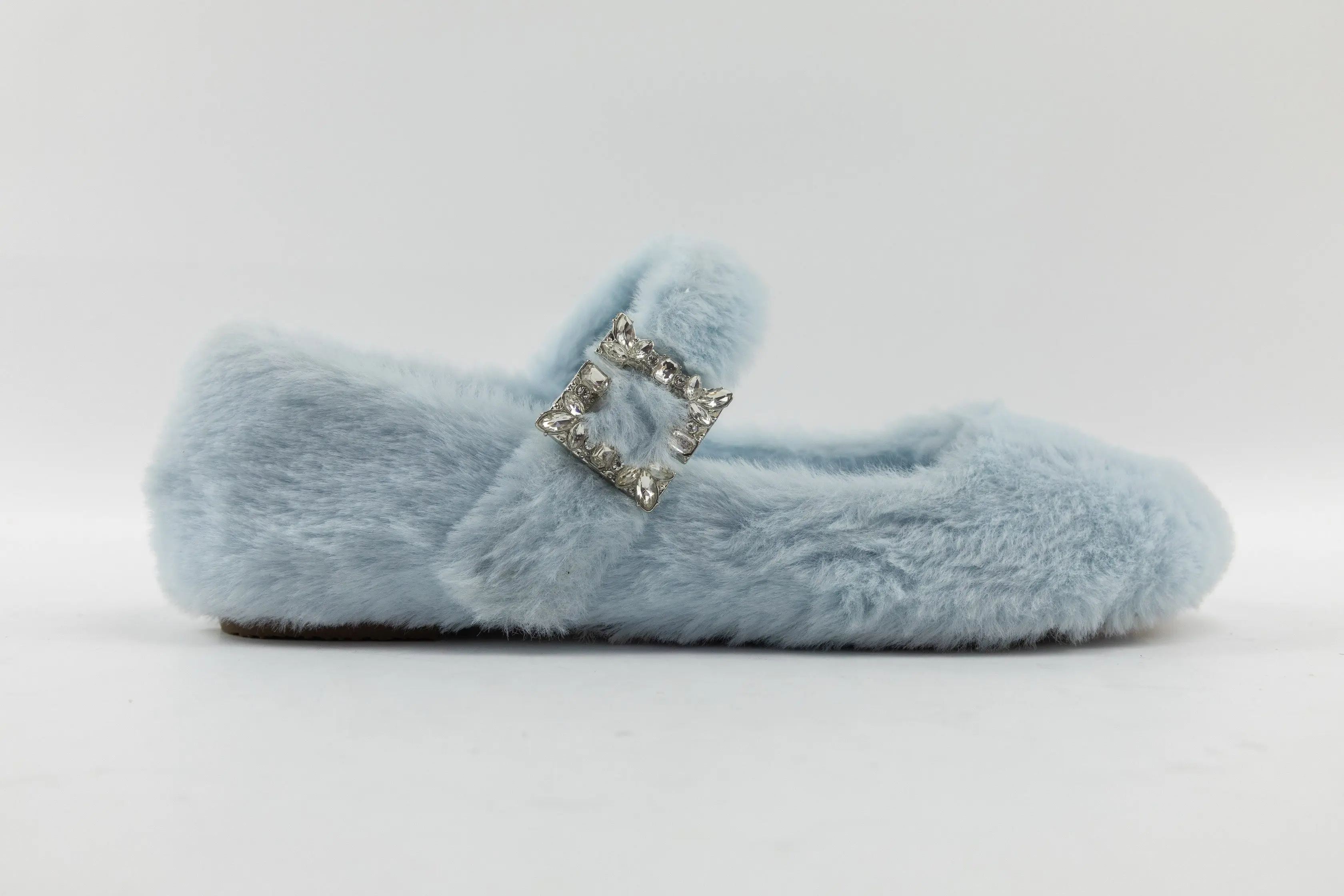 Custom Light Blue Faux Fur Flats with Crystal Buckle for Women and Girls