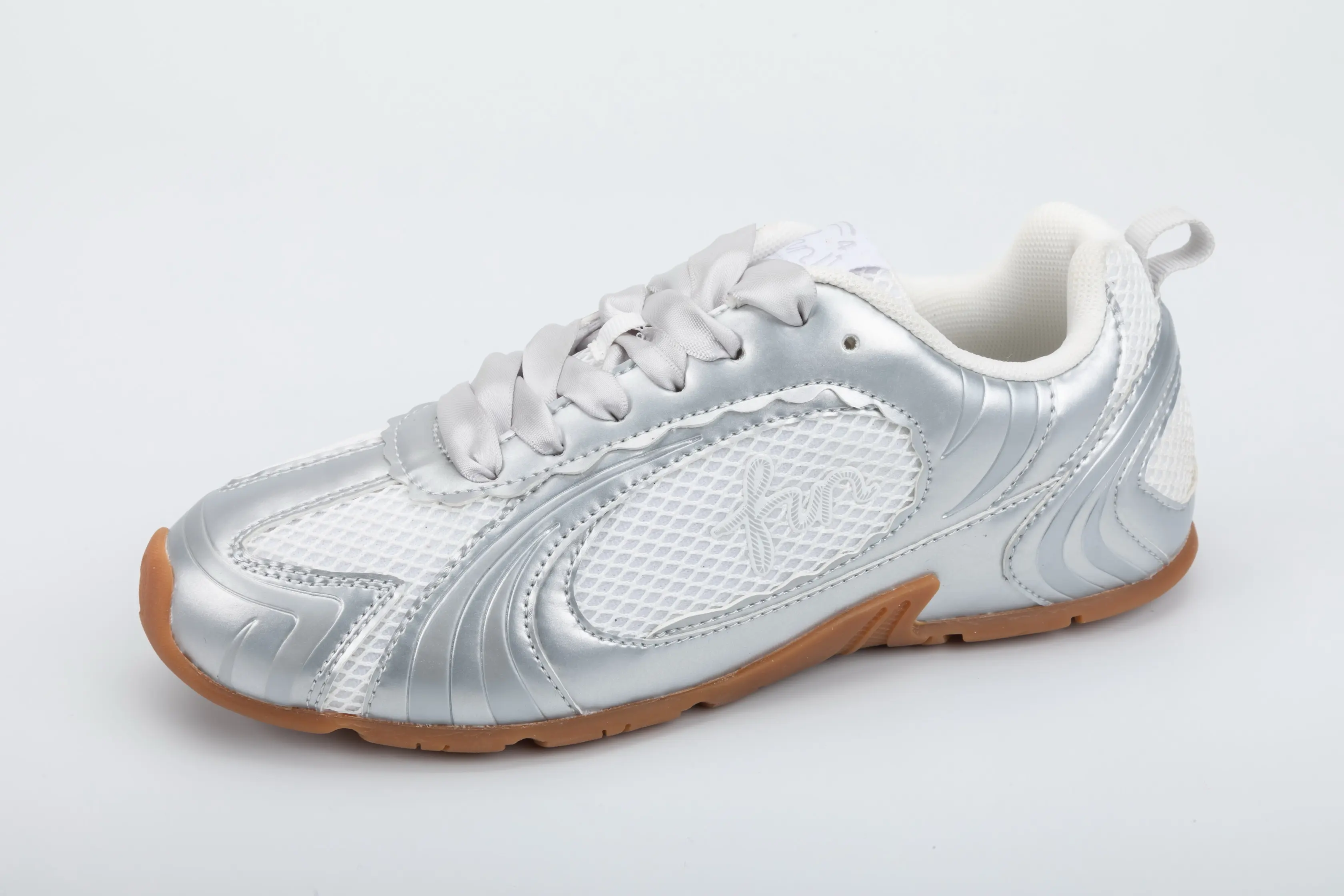 Custom White & Silver Casual Walking Sneakers with PU Upper and Cushioned Sole for Wholesale