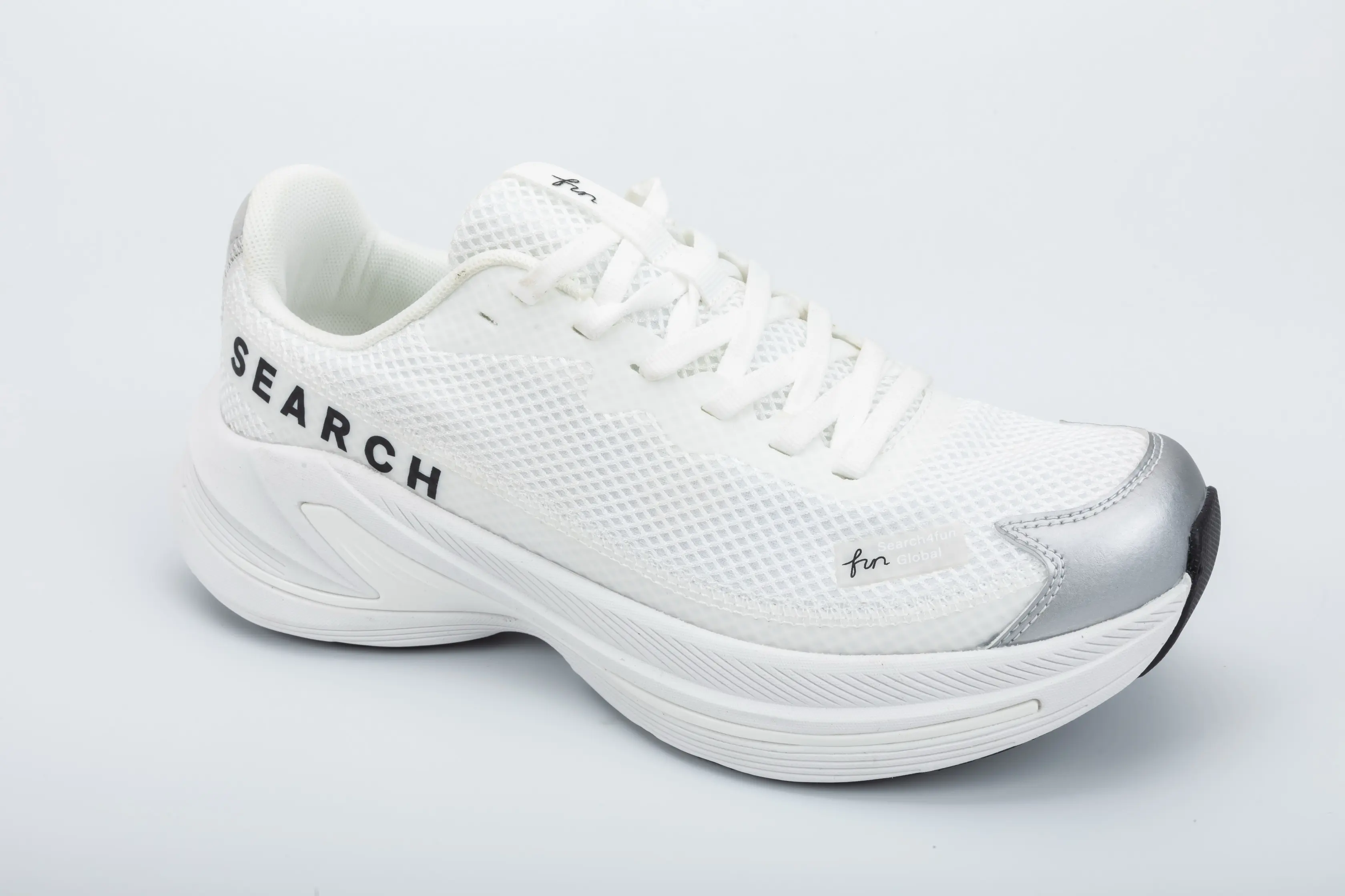 Custom White Athletic Mesh Running Shoes with Enhanced Cushion Sole and Silver Protective Toe