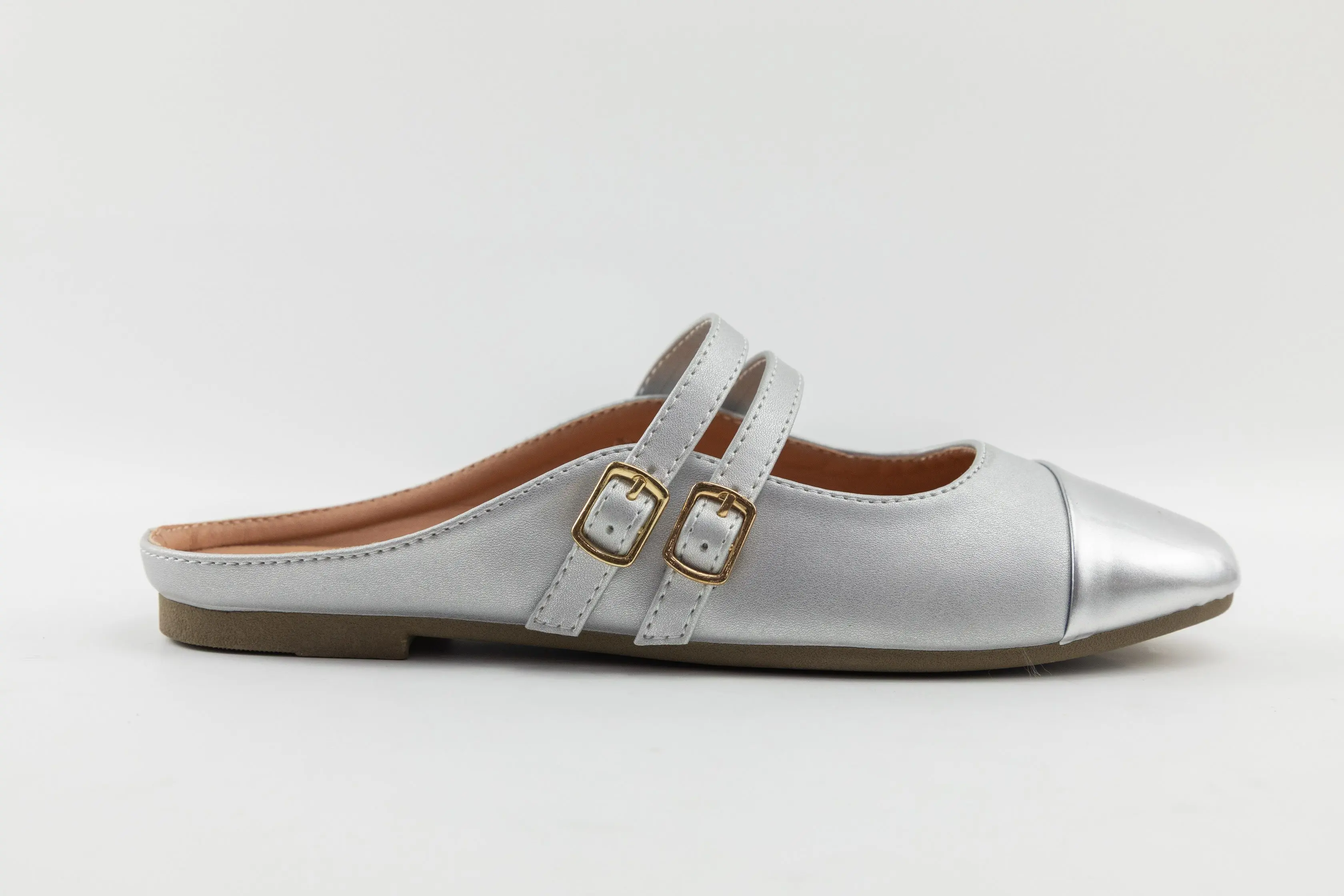 OEM ODM Custom Silver PU Ladies Ballerina Mules with Double Buckle Straps and Square Toe