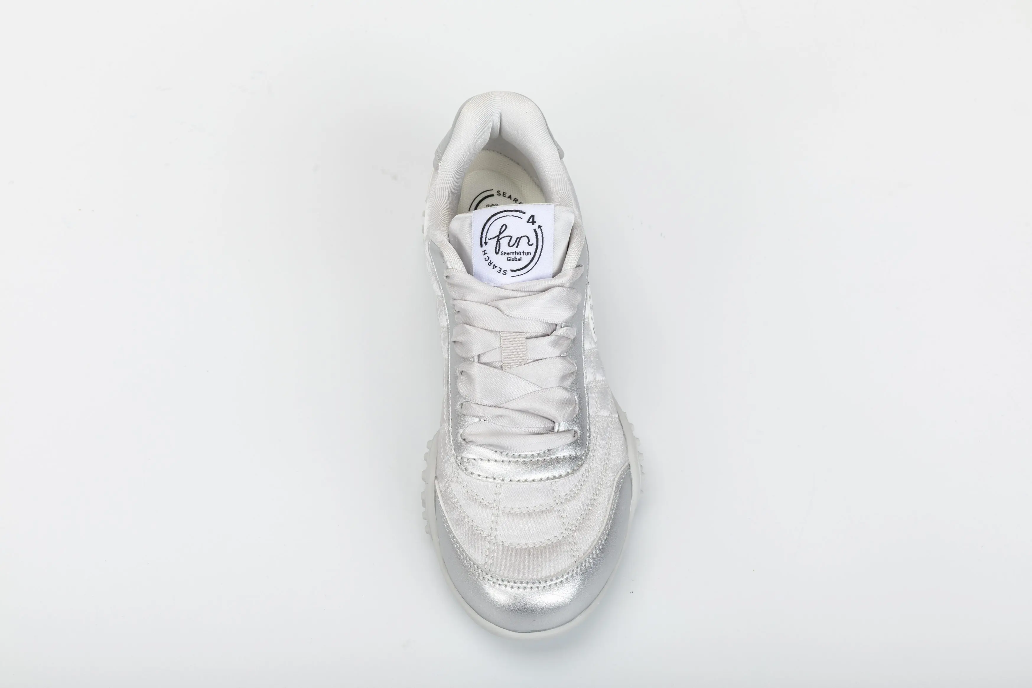 Custom White & Silver PU Casual Walking Sneakers with Textured Rubber Sole for Ladies Wholesale