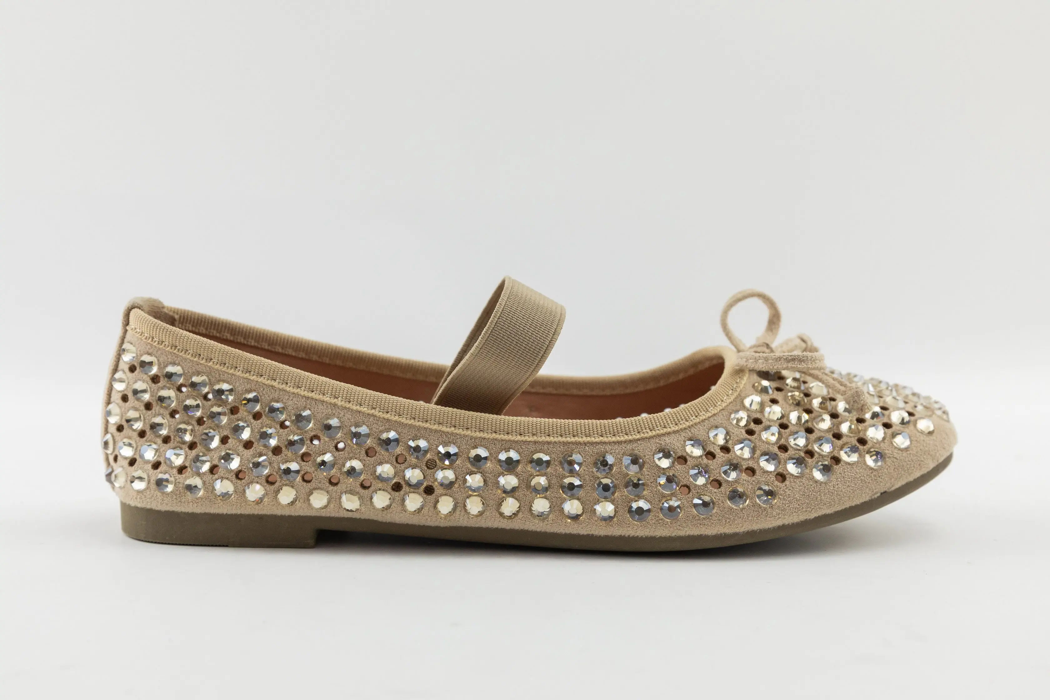OEM ODM Custom Beige Suede Girls Ballerina Shoes with Rhinestones and Bow Decoration
