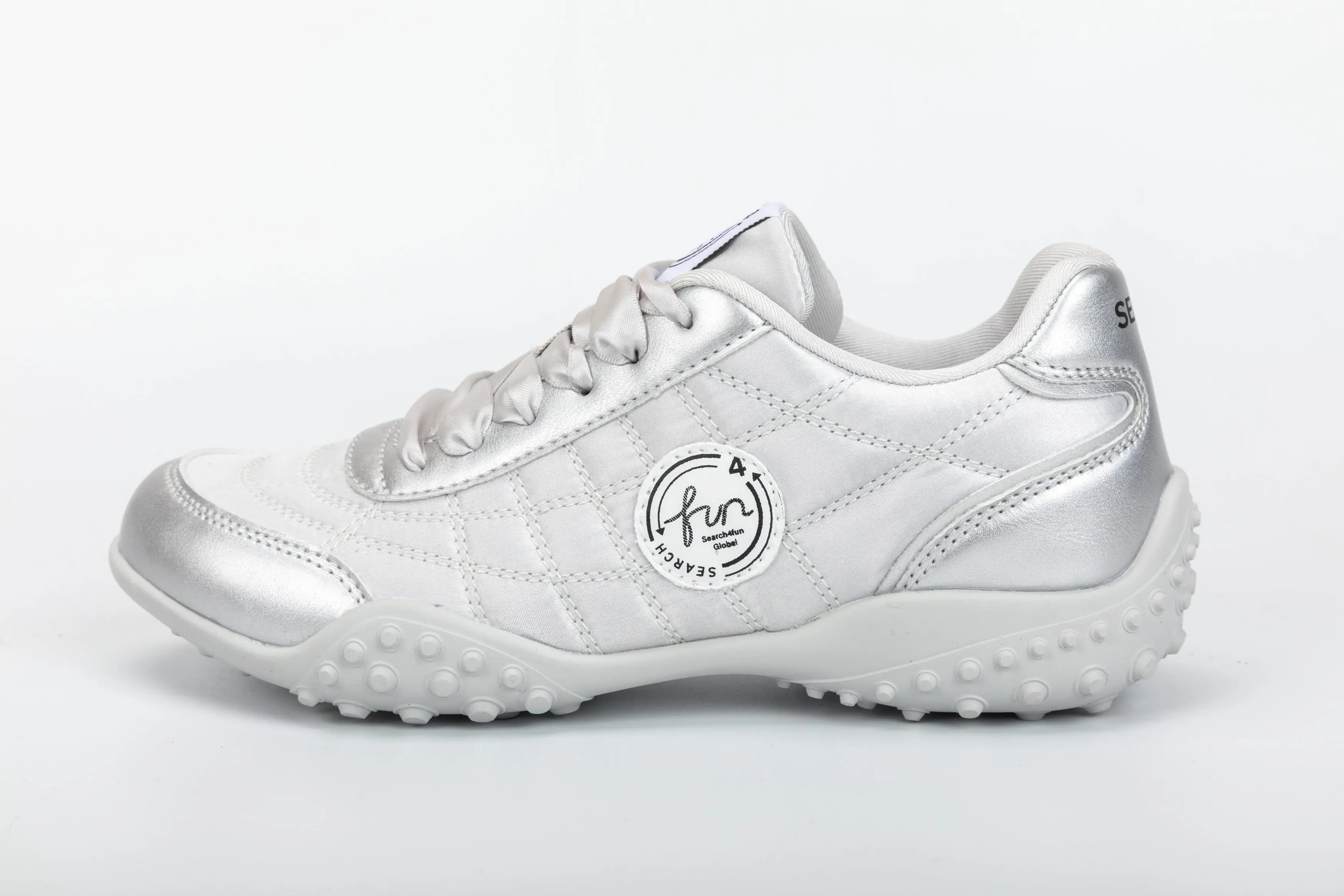Custom White & Silver PU Casual Walking Sneakers with Textured Rubber Sole for Ladies Wholesale