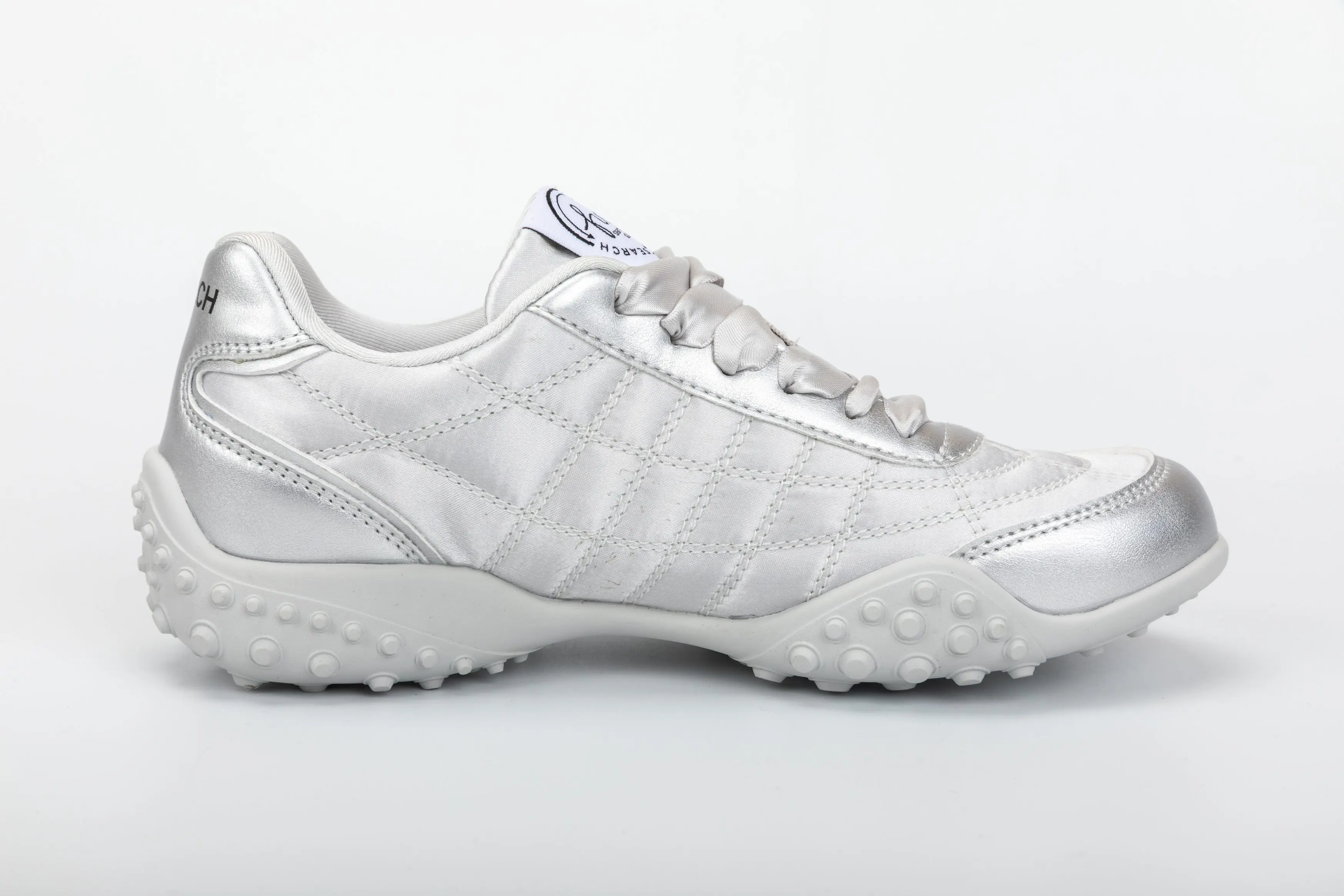 Custom White & Silver PU Casual Walking Sneakers with Textured Rubber Sole for Ladies Wholesale