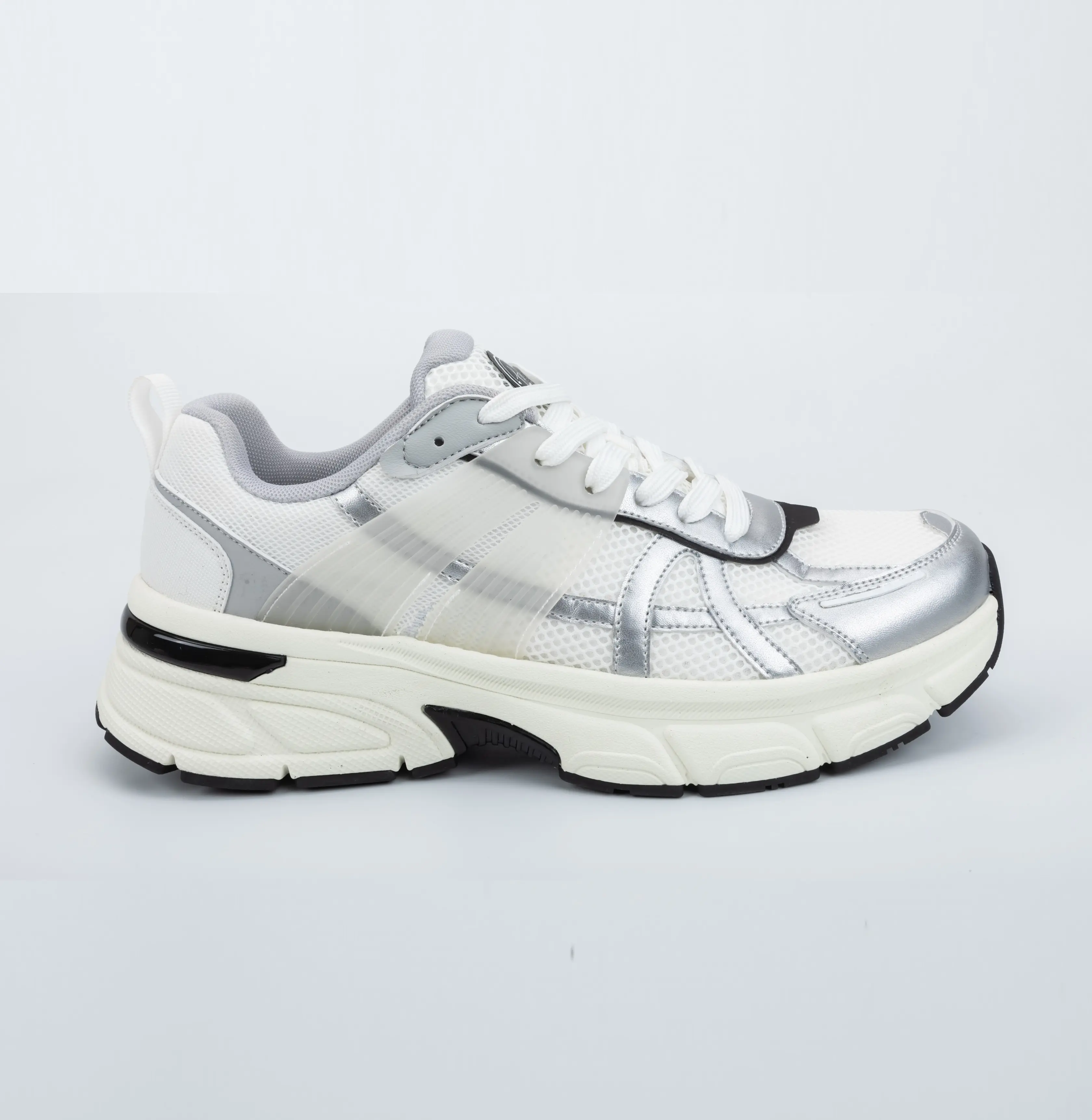 Custom White and Silver Mesh Running Sneakers with Thick Sole Cushion for Unisex Sportswear