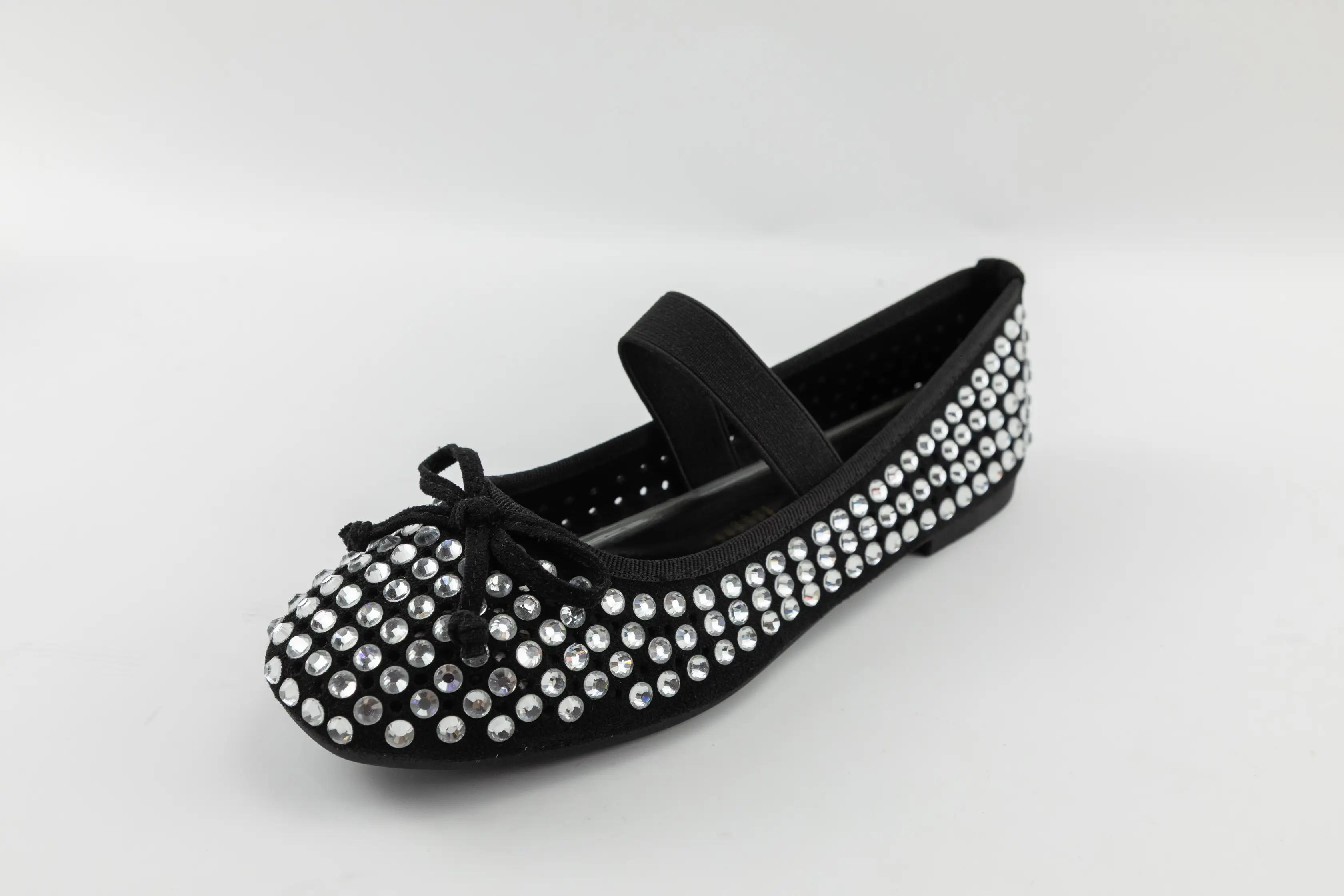 OEM ODM Custom Black Suede Girls Ballerina Shoes with Rhinestone Decoration and Elastic Strap