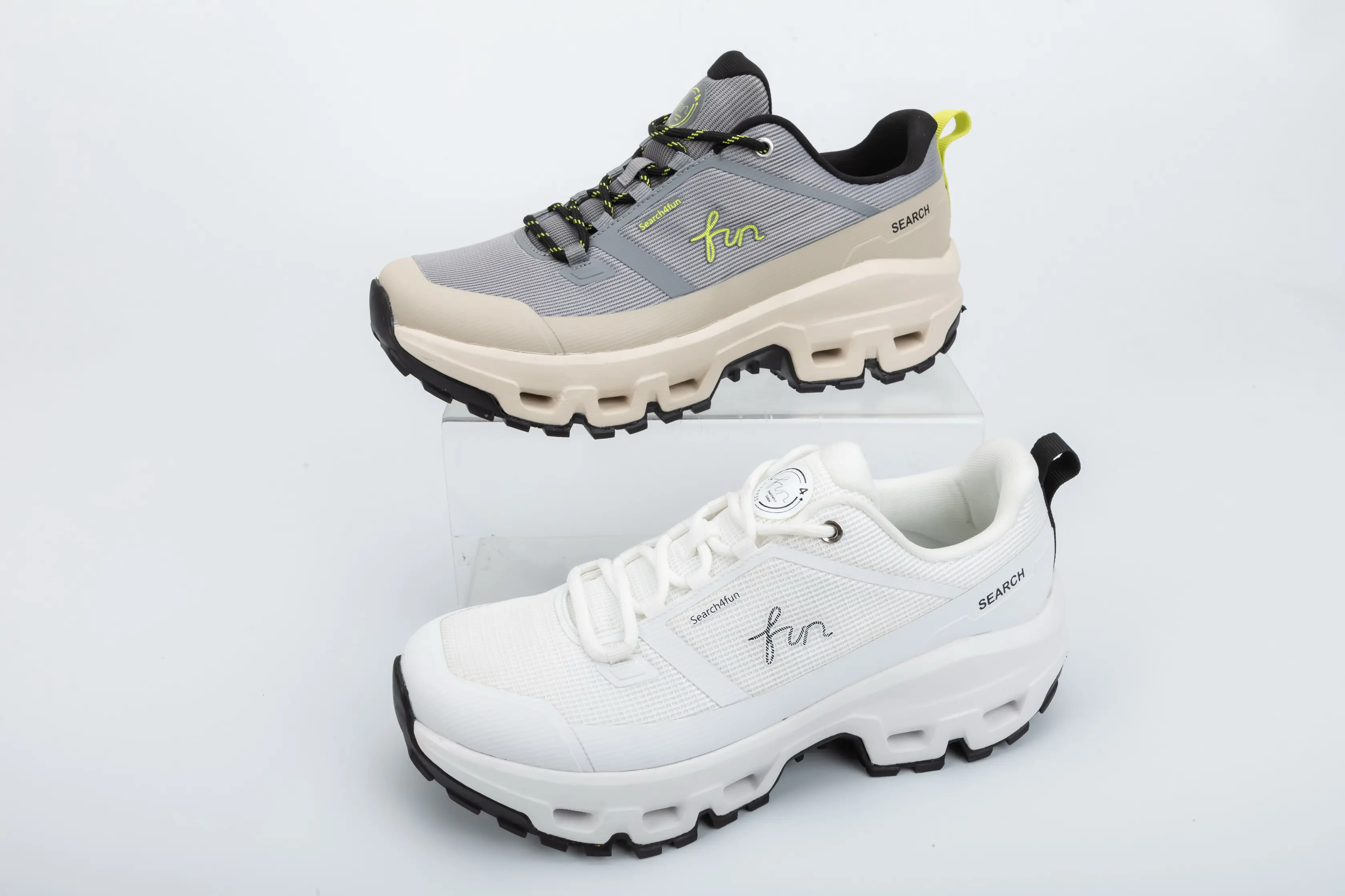 Custom Grey Mesh Outdoor Trail Sneakers with Chunky Cushioned Sole for Unisex Sportswear