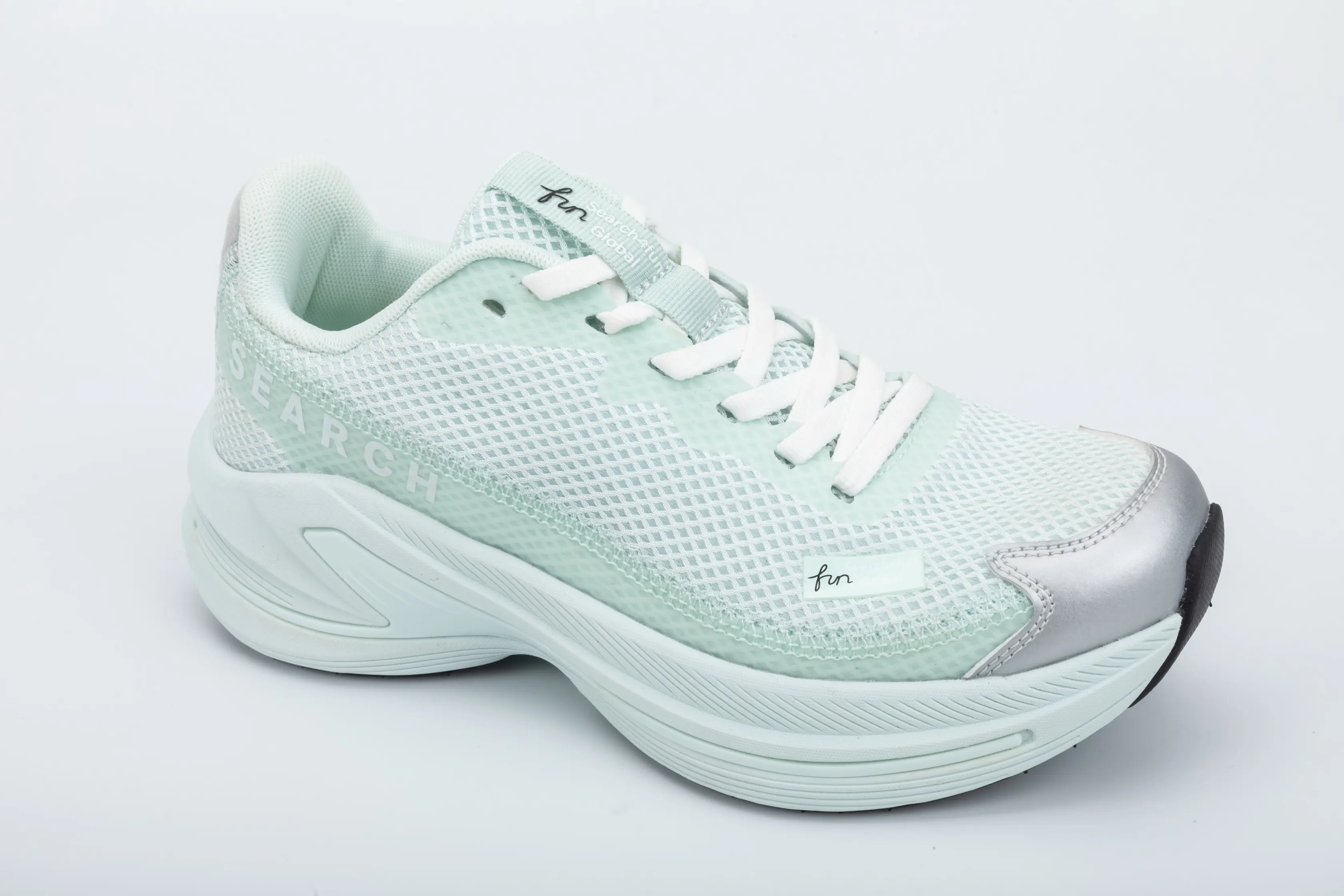 Custom White Athletic Mesh Running Shoes with Enhanced Cushion Sole and Silver Protective Toe