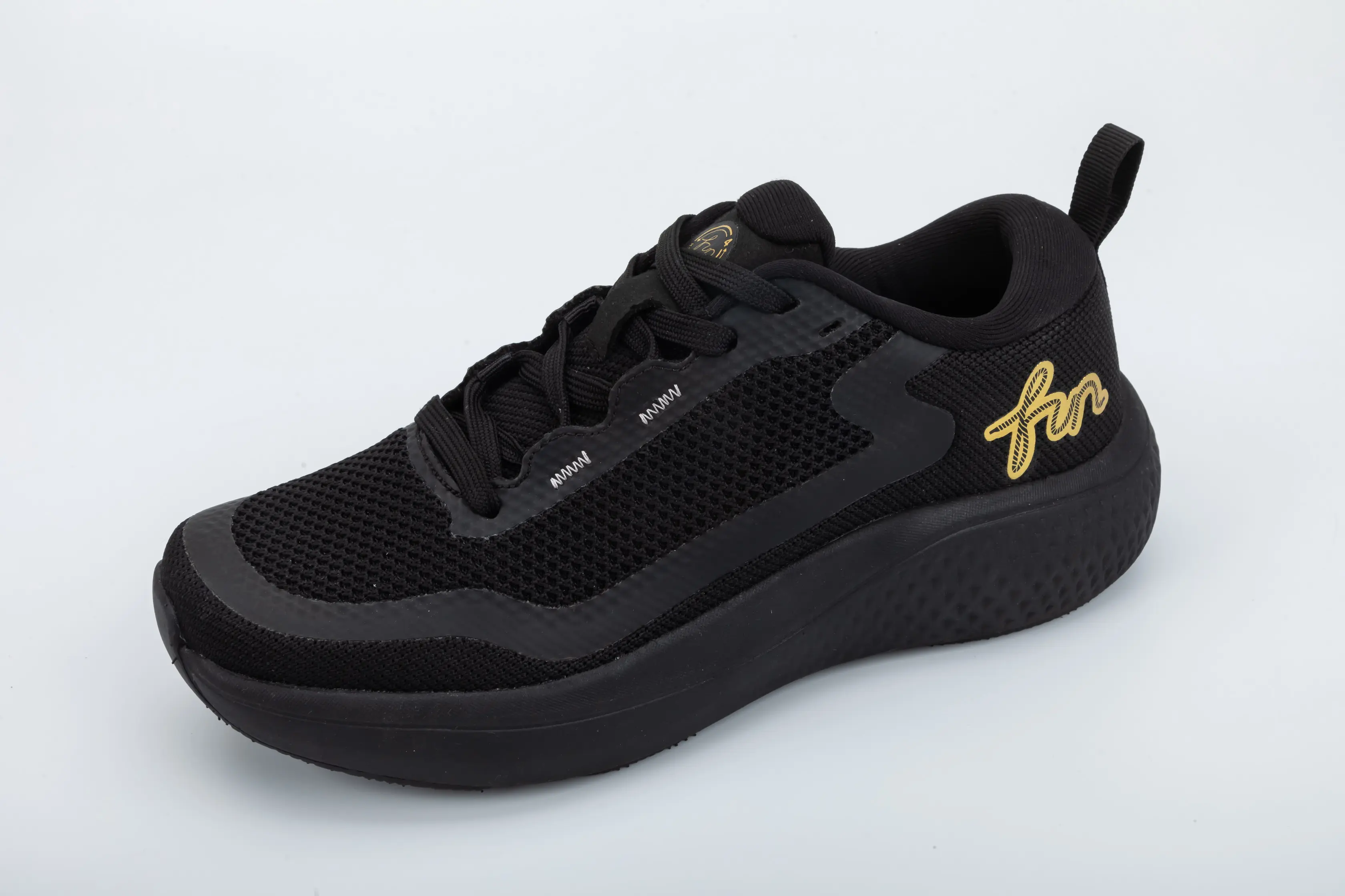 Custom Black Mesh Lightweight Running Sneakers with Thick Cushion Sole and Gold Logo for Unisex