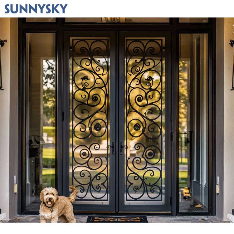 Sunnysky European Style French Wrought Iron Metal Frame Sliding Barn Doors Rustic Modern Glass Door