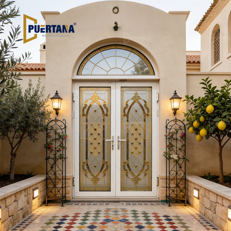 Arched Top Custom Arabesque Decorative Faceted Tiffany Stained Glass French Door for Arabian Style House