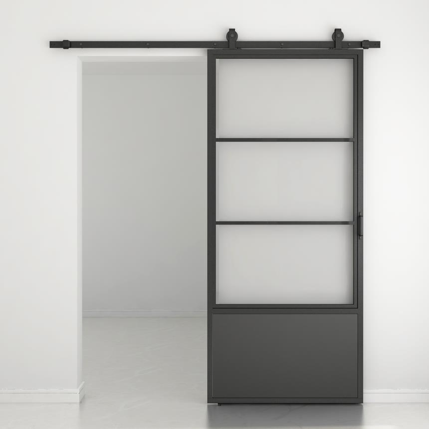 3-Lite Tampered Glass Barn Door Steel Frame Sliding Hardware Kit Door Handle