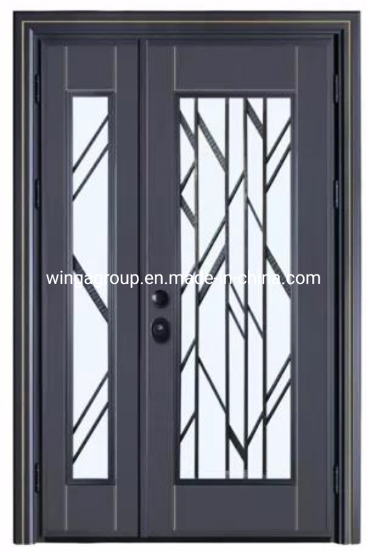 Puerta de entrada de metal de acero con vidrio simple de color negro, puerta de seguridad moderna de hierro y acero, puerta exterior popular de fábrica directa de madera para habitación