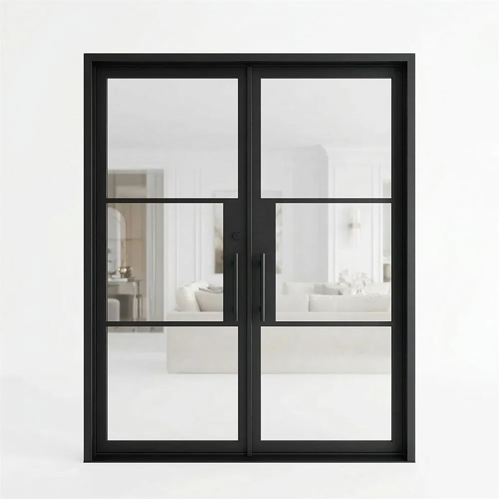 Minimalist French Style Slim Thermal Break Steel Glass Doors with Insulated Foam