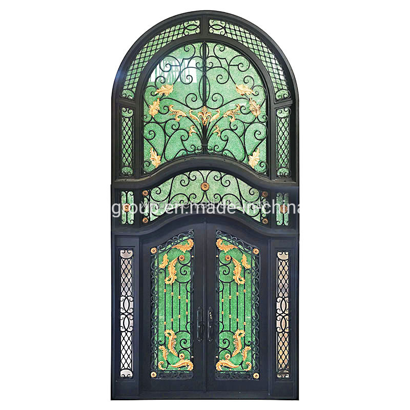 with Window Matte Black Color Forged Flower Art Exterior Entrance Thermal Insulation and Wind Protection Wrought Iron Security Iron Entry Fiber Glass Doors