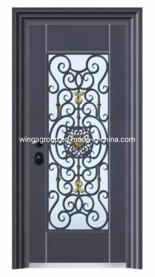 Puerta de entrada de metal de acero con vidrio simple de color negro, puerta de seguridad moderna de hierro y acero, puerta exterior popular de fábrica directa de madera para habitación