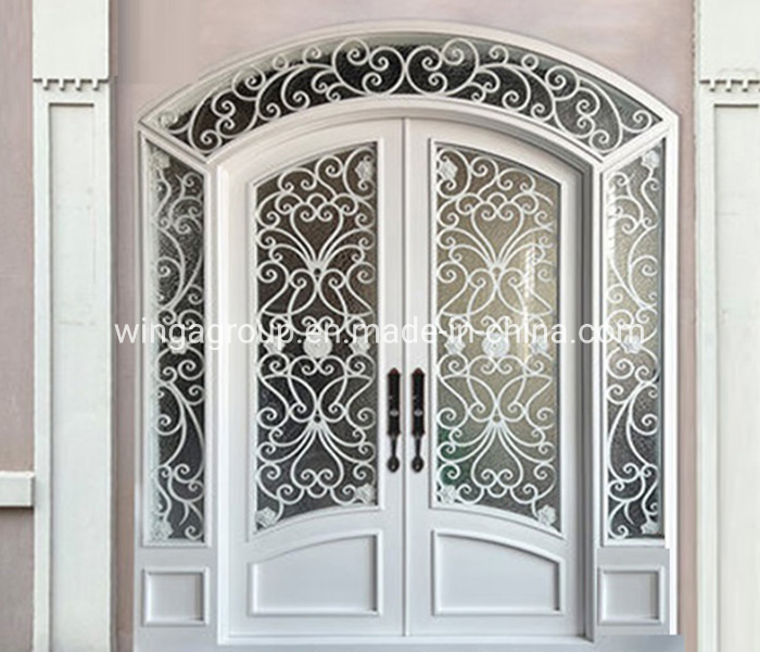 with Window Matte Black Color Forged Flower Art Exterior Entrance Thermal Insulation and Wind Protection Wrought Iron Security Iron Entry Fiber Glass Doors