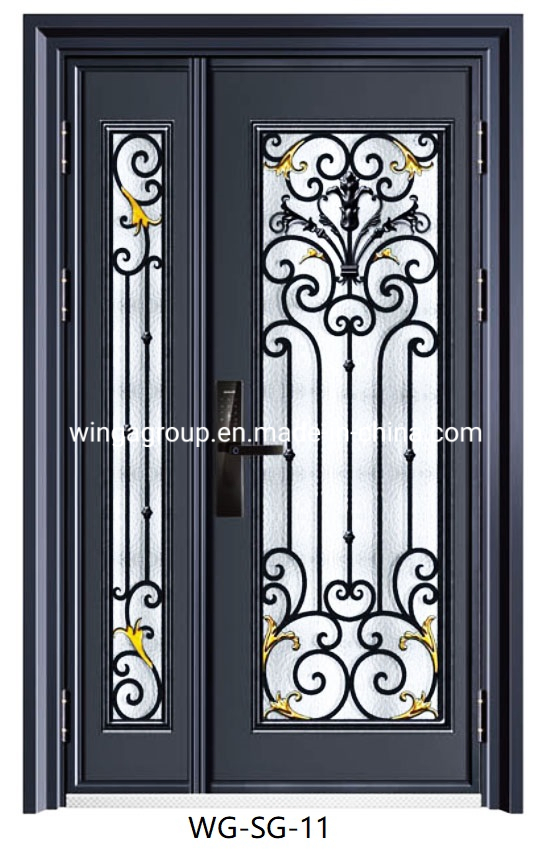 Puerta de entrada de metal de acero con vidrio simple de color negro, puerta de seguridad moderna de hierro y acero, puerta exterior popular de fábrica directa de madera para habitación