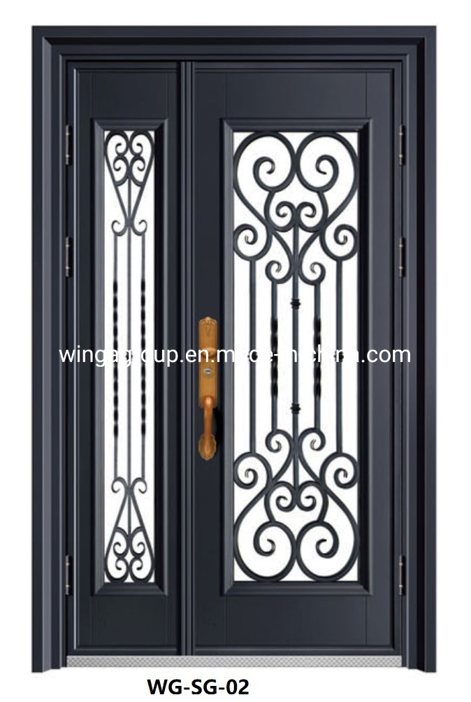 Puerta de entrada de metal de acero con vidrio simple de color negro, puerta de seguridad moderna de hierro y acero, puerta exterior popular de fábrica directa de madera para habitación