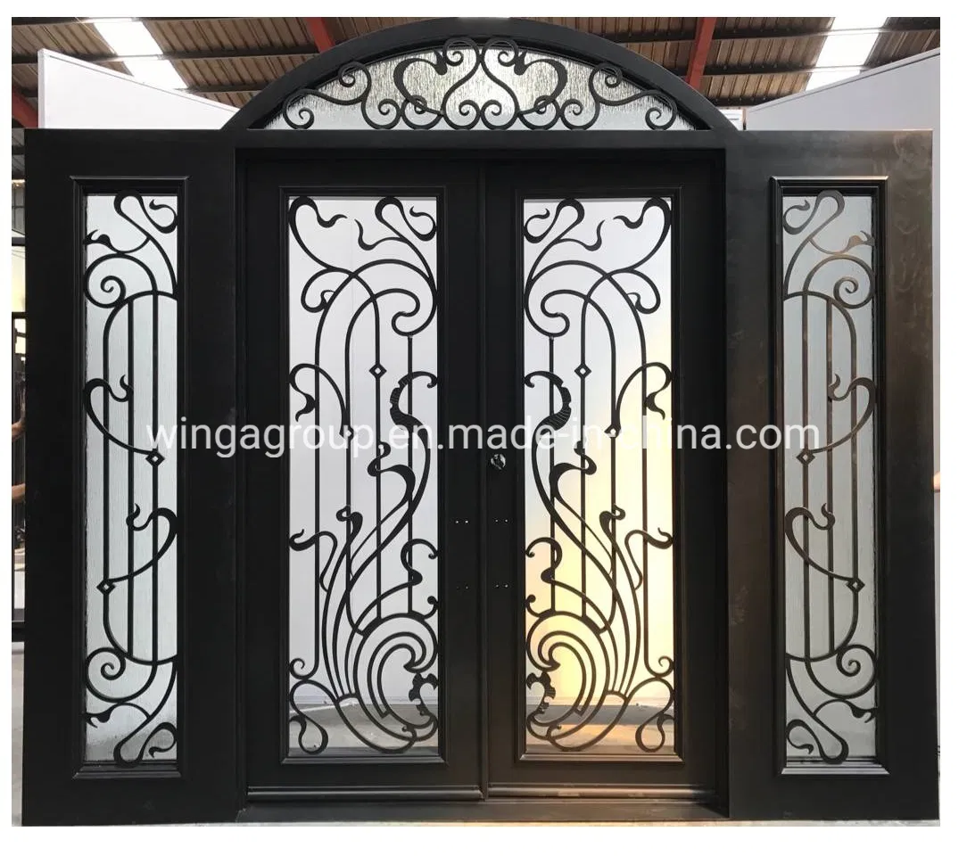 with Window Matte Black Color Forged Flower Art Exterior Entrance Thermal Insulation and Wind Protection Wrought Iron Security Iron Entry Fiber Glass Doors
