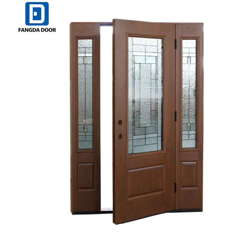 Fangda Craftsman Mahogany Stained Fiberglass Prehung Entry Door with Decorative Glass