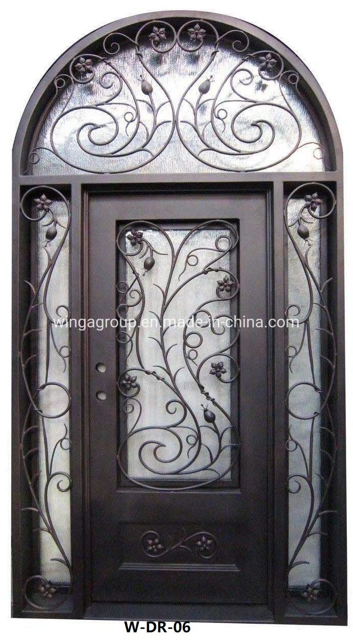 with Window Matte Black Color Forged Flower Art Exterior Entrance Thermal Insulation and Wind Protection Wrought Iron Security Iron Entry Fiber Glass Doors