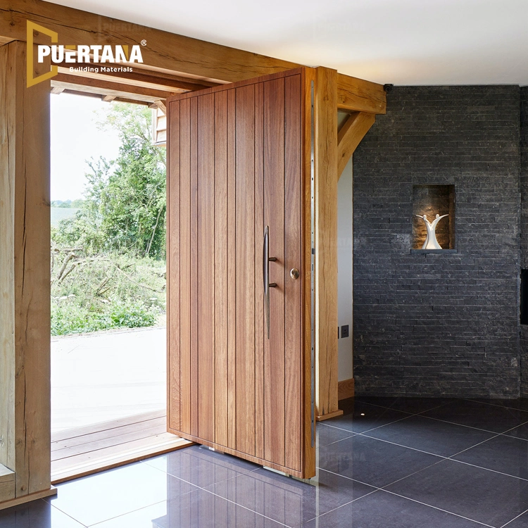 Puertas pivotantes de entrada principal de madera maciza con marco de aluminio de seguridad exterior moderno personalizado