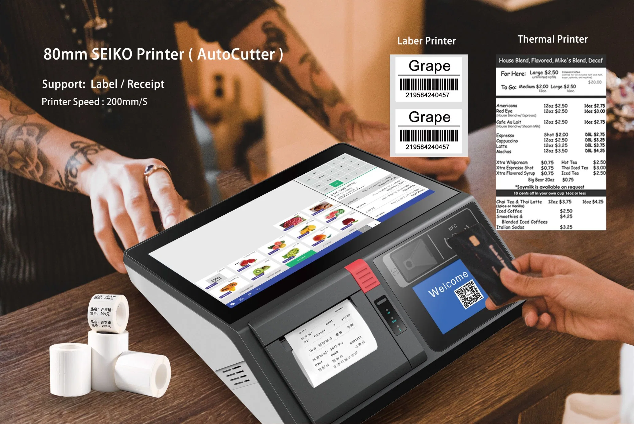 11 Inch Portable Touch Screen Cash Register Android Tablet POS System with Printer, Scanner Display RFID Msr and Battery Options