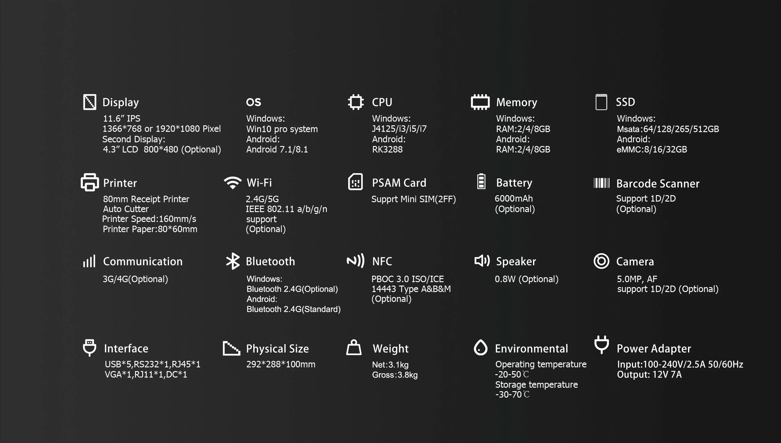 11 Inch Portable Touch Screen Cash Register Android Tablet POS System with Printer, Scanner Display RFID Msr and Battery Options