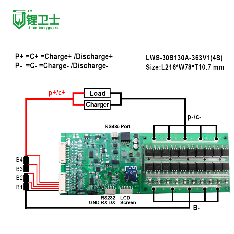 Lws Smart BMS 4s-16s 50A 100A LiFePO4 with Can RS232 &amp; RS485 Bluetooth BMS LCD Screen Li Ion Battery Management System