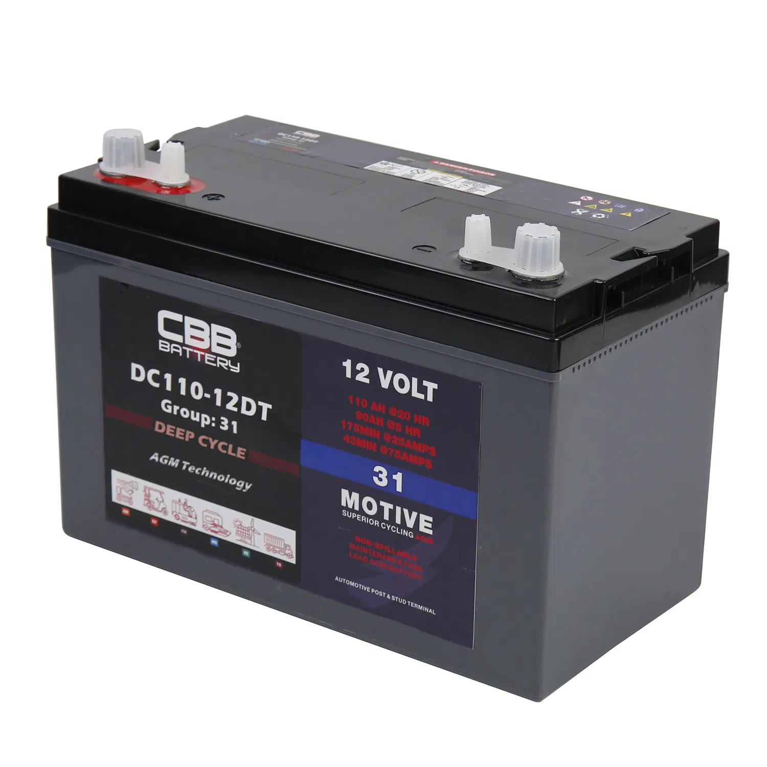 Double Terminals of Deep Cycle AGM Battery 12V110ah for RV Camping Boat Forklift
