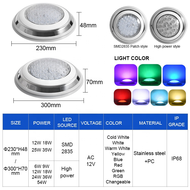 أضواء سباحة LED احترافية من الفولاذ المقاوم للصدأ، بيضاء وزرقاء، RGB، مقاومة للماء، مثبتة على السطح، أضواء تحت الماء لحمام السباحة، جملة
