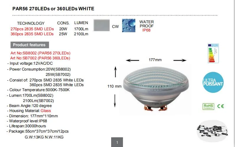 مصباح حمام السباحة ضوء LED تحت الماء زجاج 12V 25W PAR56 360LEDs White Sb7002