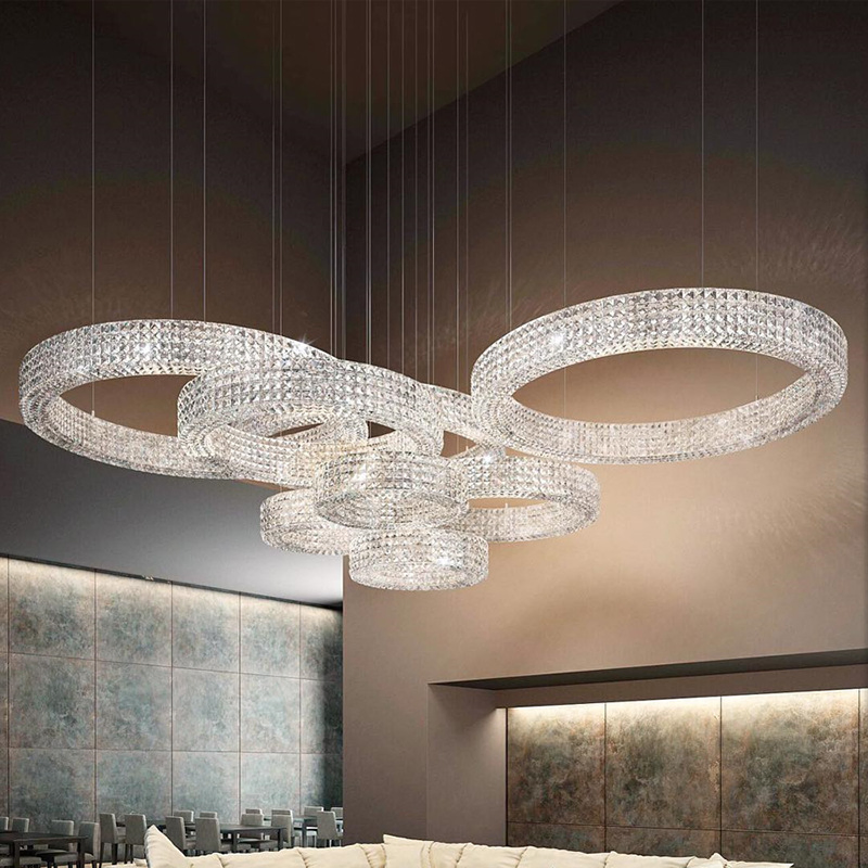 ثريا حلقة LED الحديثة طويلة جدًا للإضاءة المعلقة في السلالم العالية لتزيين الداخل للفنادق