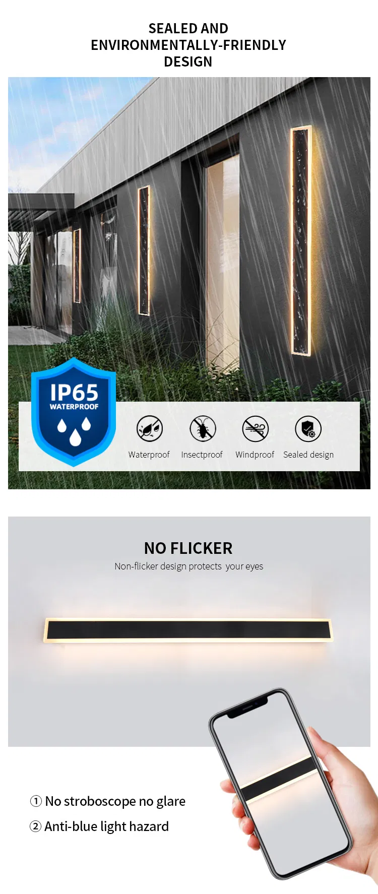 مصباح حائط LED حديث خارجي شريطي IP65 للحديقة