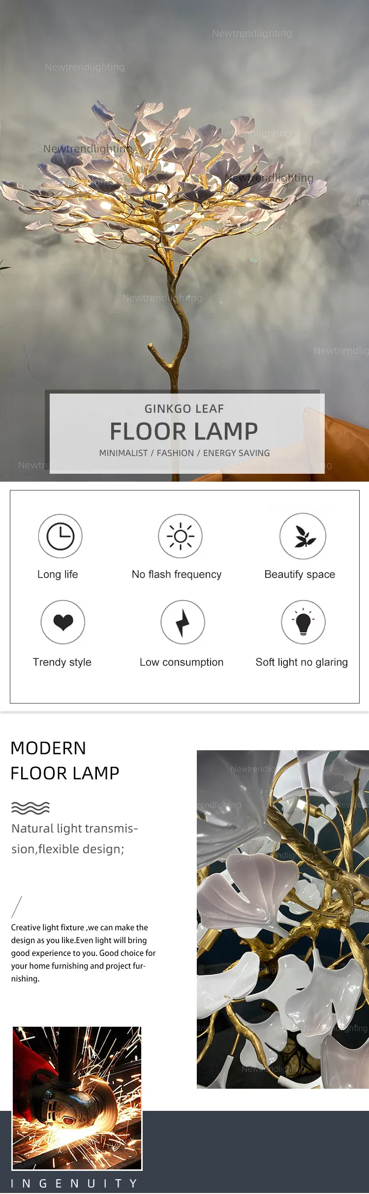 مصباح أرضي حديث بتصميم فاخر من الراتنج مع شجرة الجنكو بتقنية الإضاءة LED