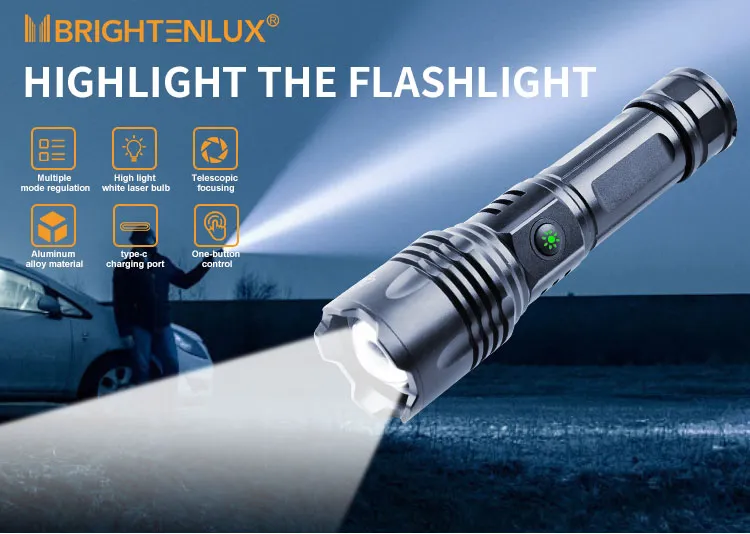ضوء فلاش LED عالي القوة 1000 لومن قابل لإعادة الشحن تكتيكي مع عدسة زوم ليزر أبيض
