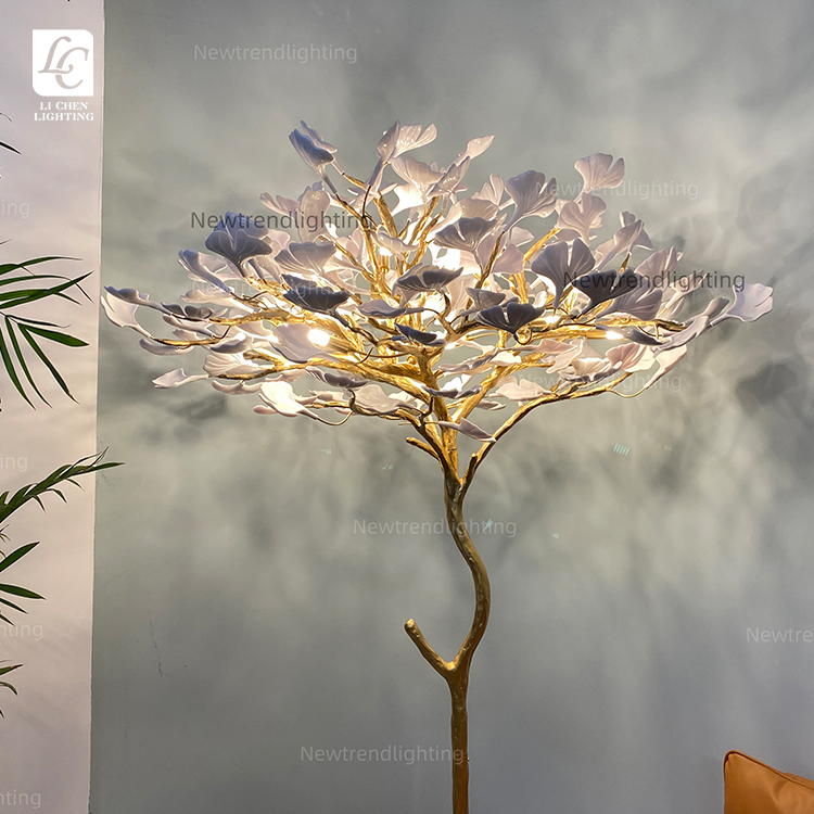 مصباح أرضي حديث بتصميم فاخر من الراتنج مع شجرة الجنكو بتقنية الإضاءة LED