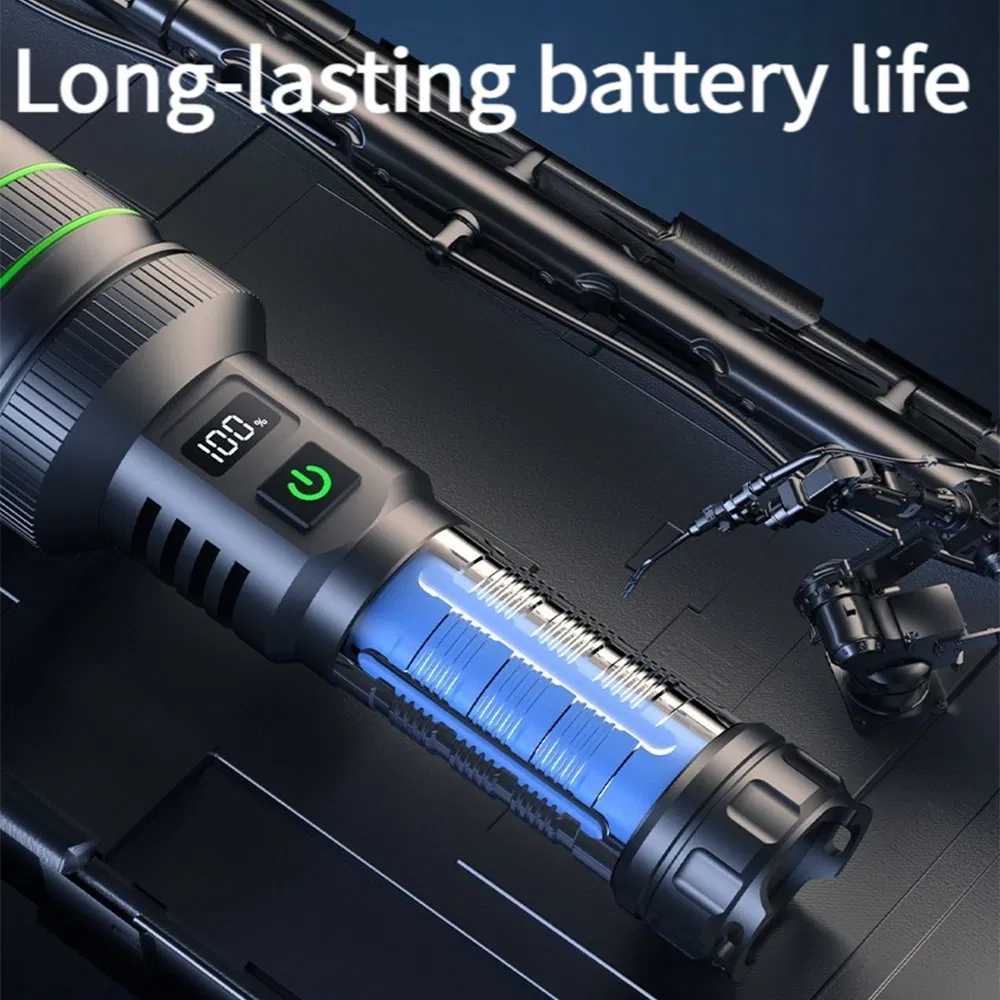 هيليوس 60W 1000m نطاق عرض رقمي مصباح LED قوي قابل للتكبير قابل لإعادة الشحن من نوع C مصباح يدوي LED