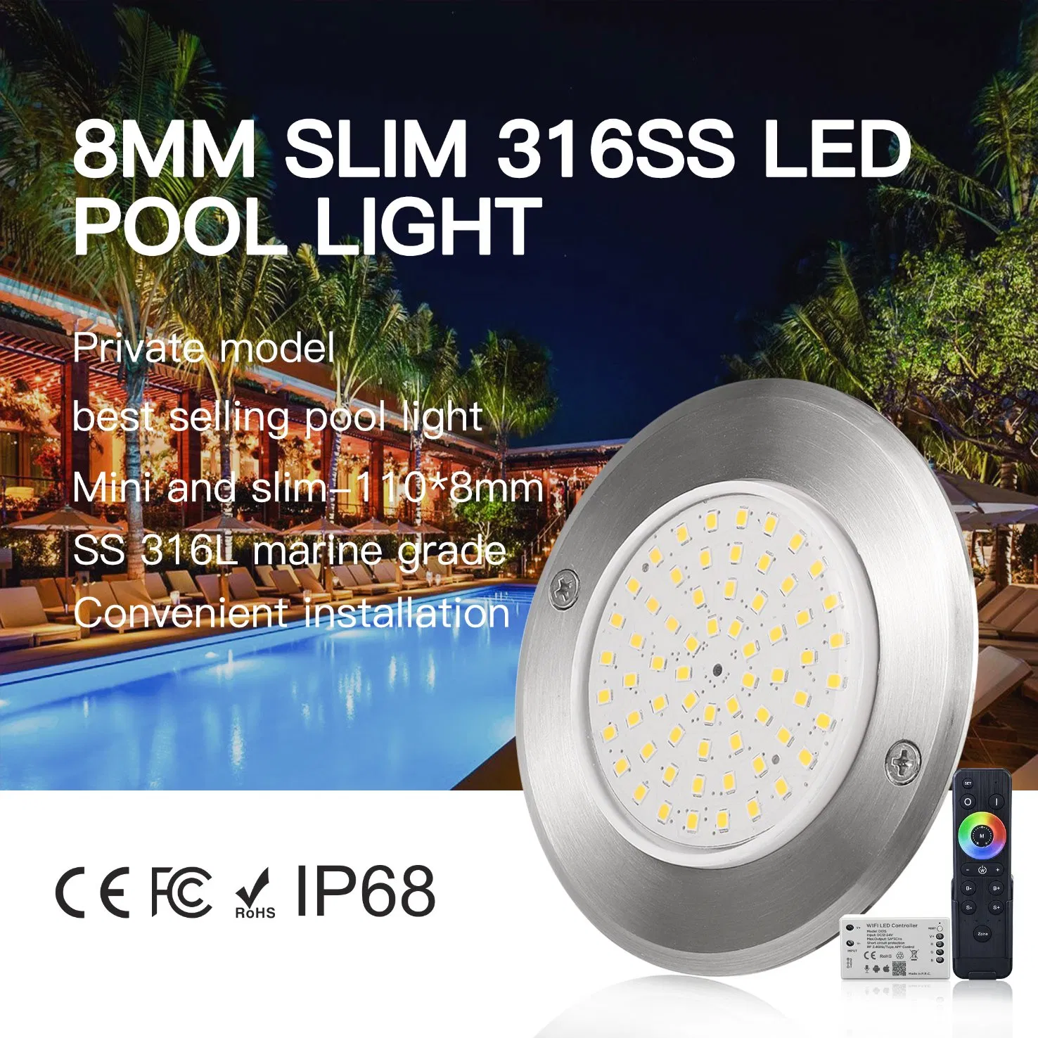 ضوء LED تحت الماء للسباحة في حمام السباحة مقاوم للماء بالأبيض والأبيض الدافئ/ألوان RGB