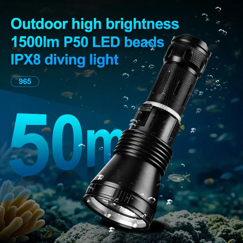 هليوس P50 Ipx8 50m مصباح غوص احترافي تحت الماء مزود بإضاءة LED مع كاسر زجاج LED فلاشلايت