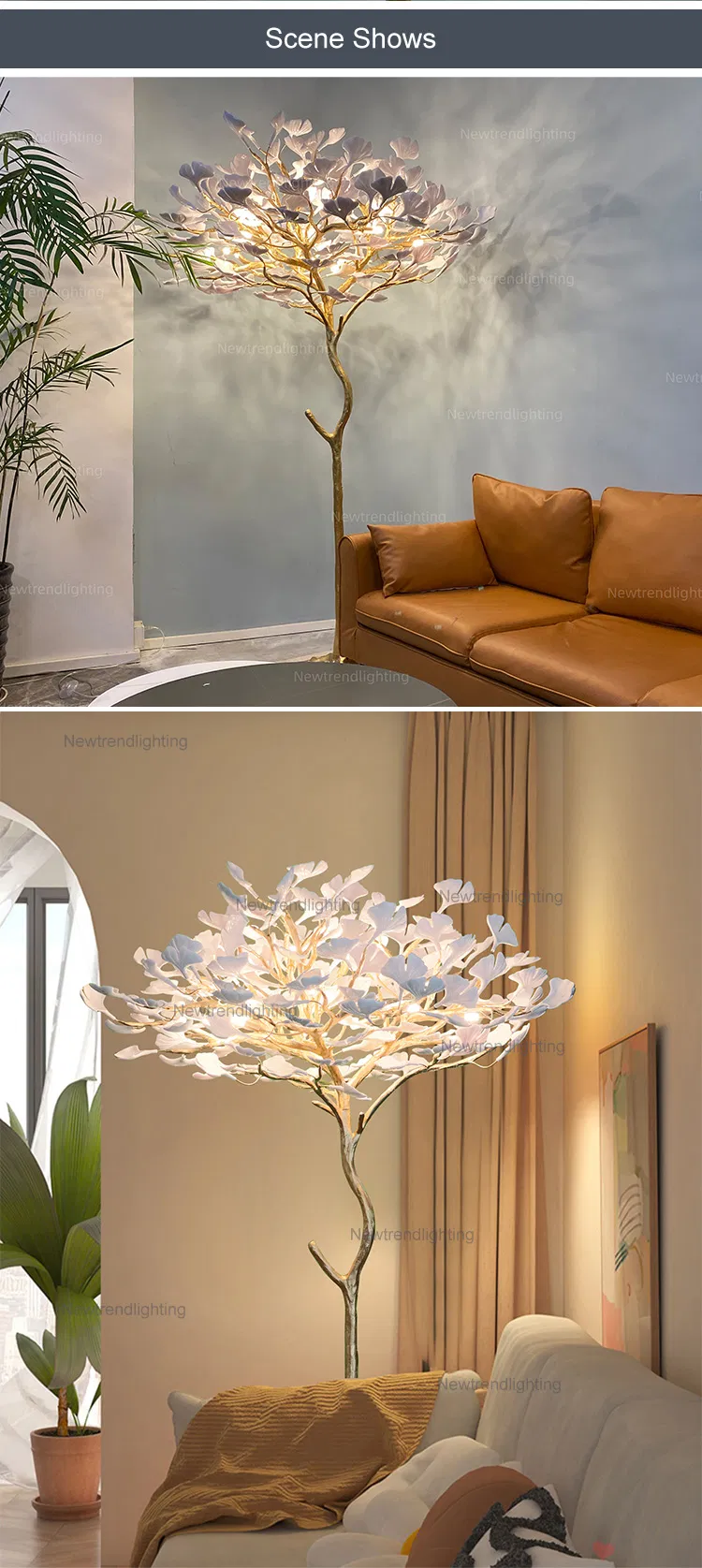 مصباح أرضي حديث بتصميم فاخر من الراتنج مع شجرة الجنكو بتقنية الإضاءة LED