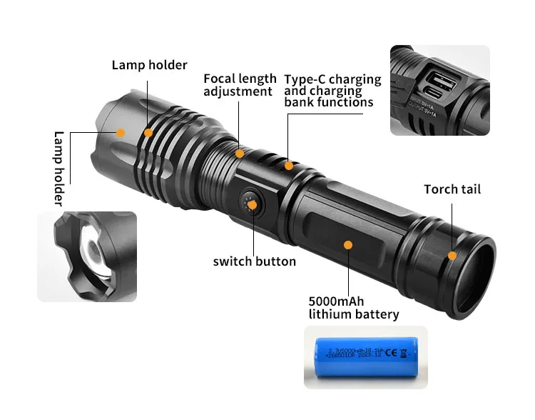 ضوء فلاش LED عالي القوة 1000 لومن قابل لإعادة الشحن تكتيكي مع عدسة زوم ليزر أبيض